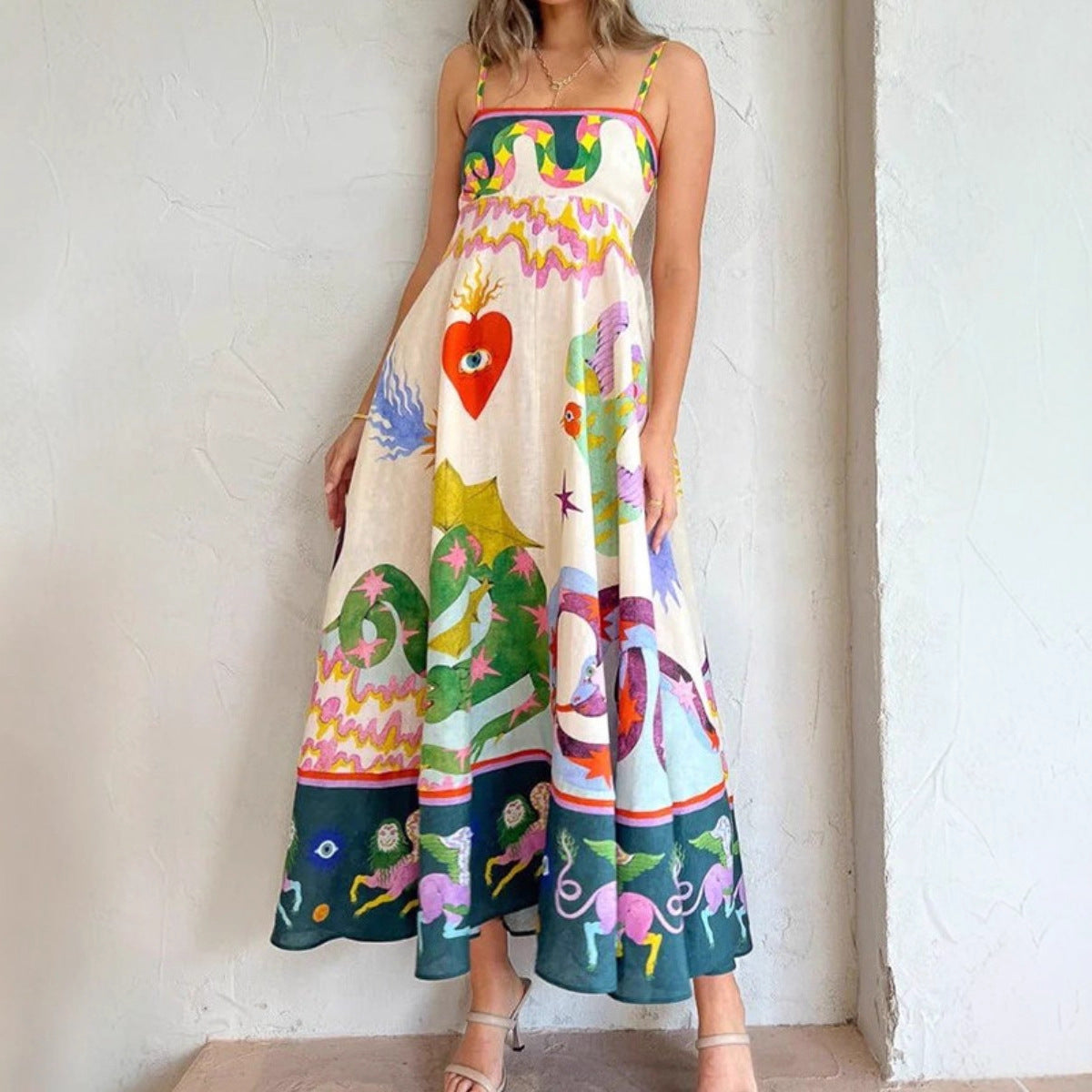 Women's Summer Beach Style Positioning Printing Large Swing Dress