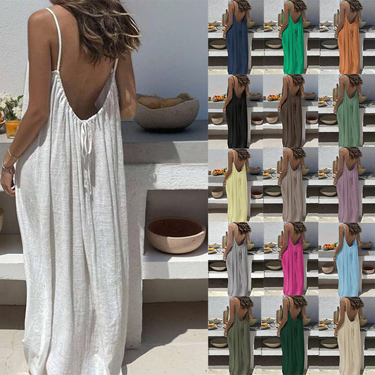 Women's Silk Wrinkle Solid Color Pleating Backless Strap Beach Dress