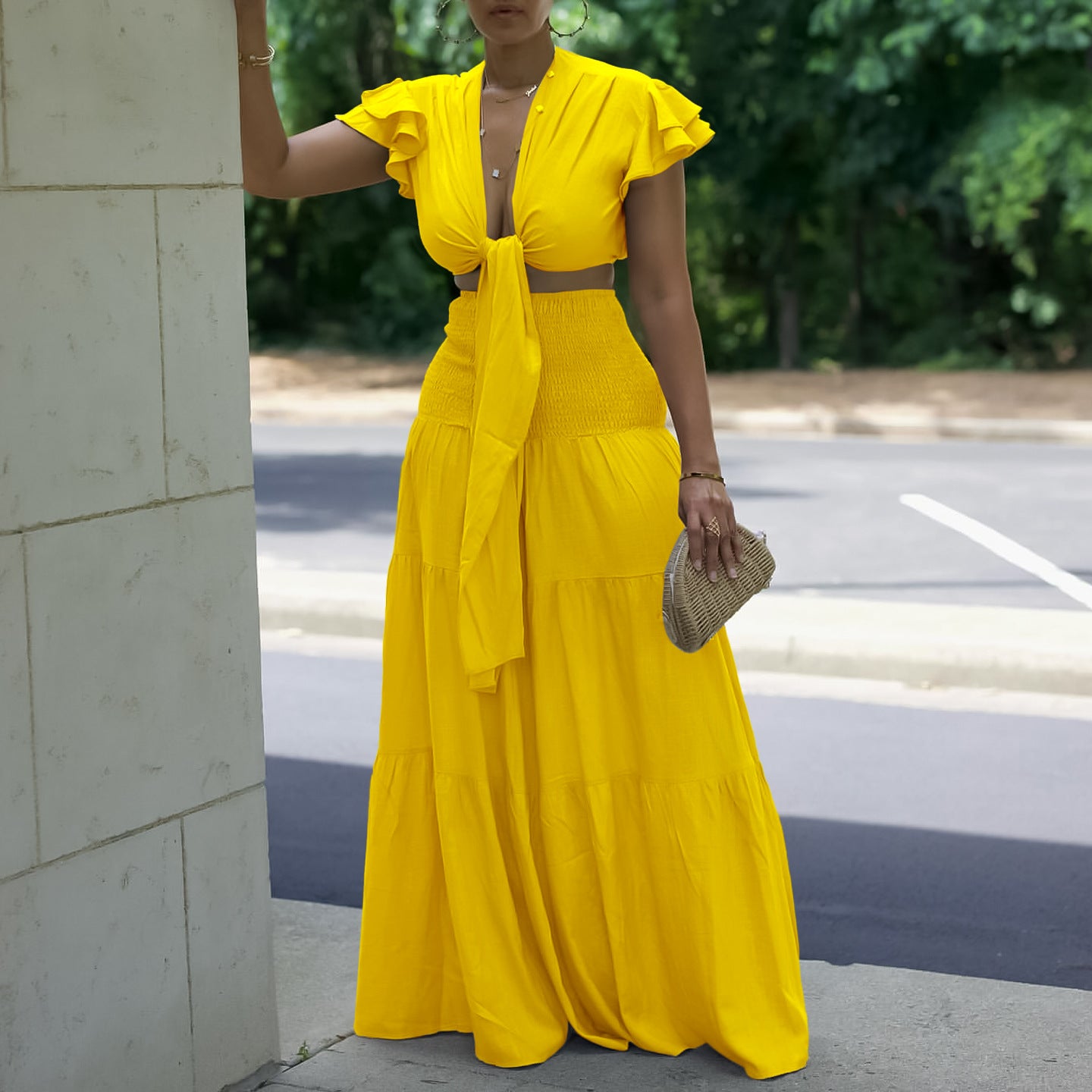 Graceful Sleeve Tied Wide Leg Two-piece Pants