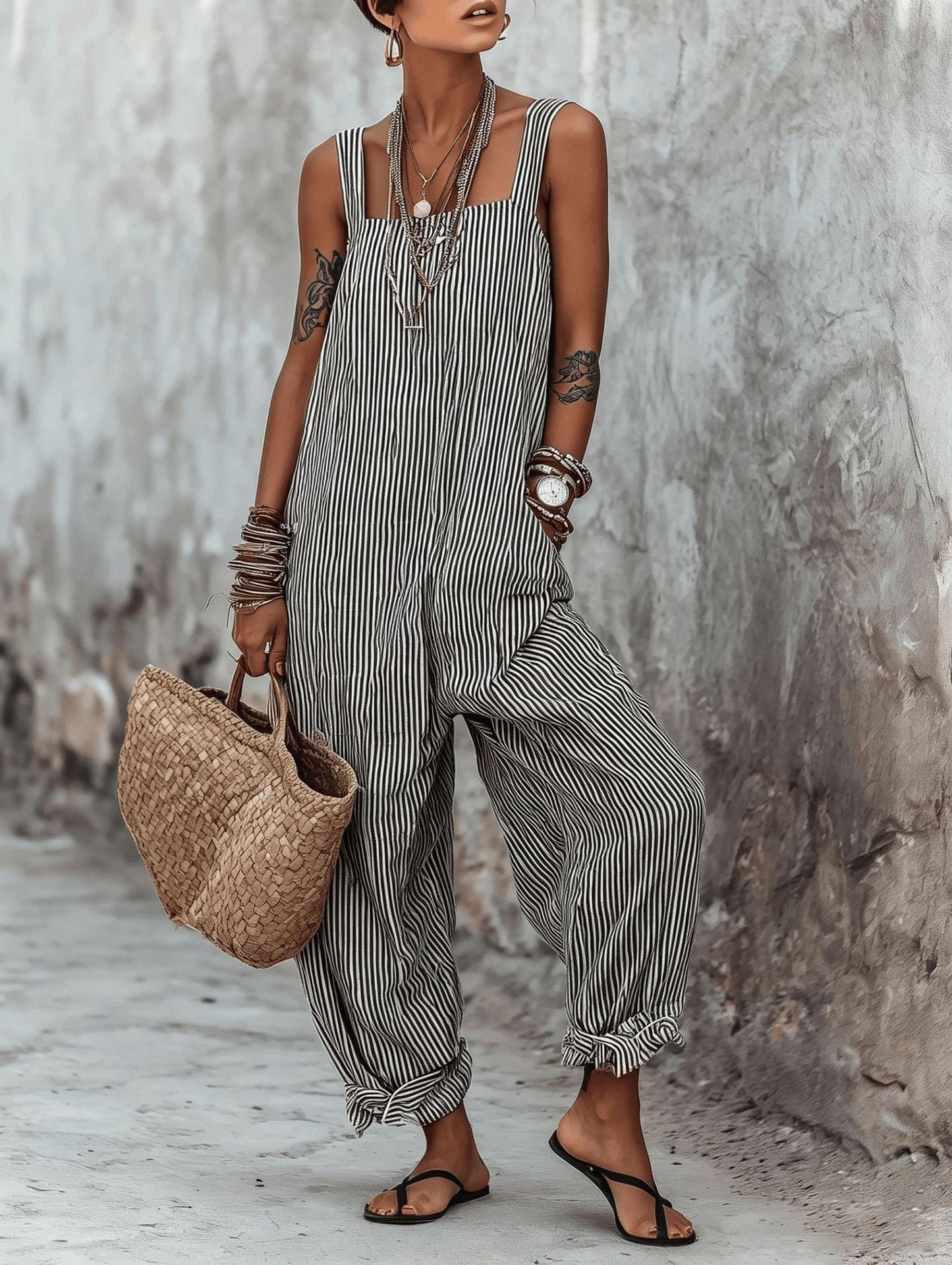 Women's Sleeveless Striped Print Loose Casual Women's Jumpsuit/clothing
