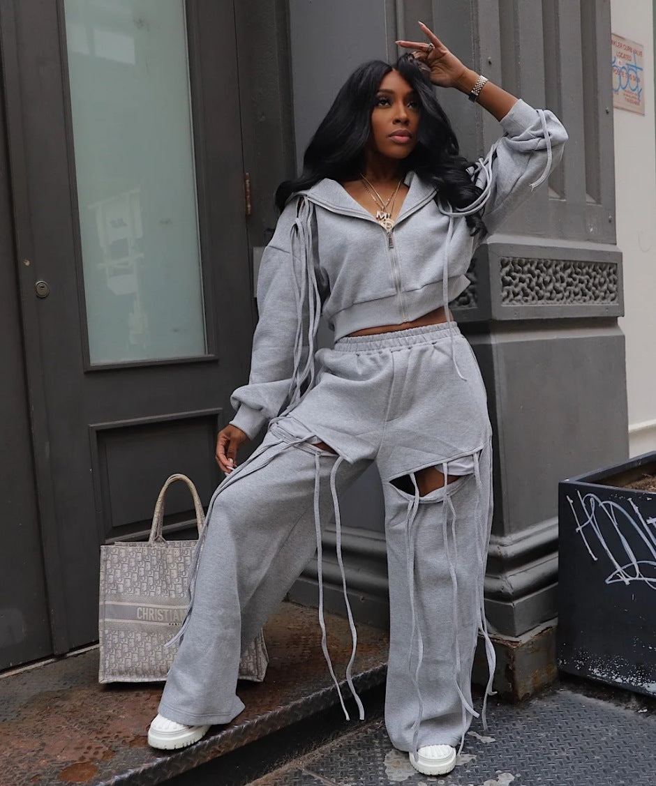 Women's Fashion Loose Hole Wide Leg Versatile Personality Hooded Suits