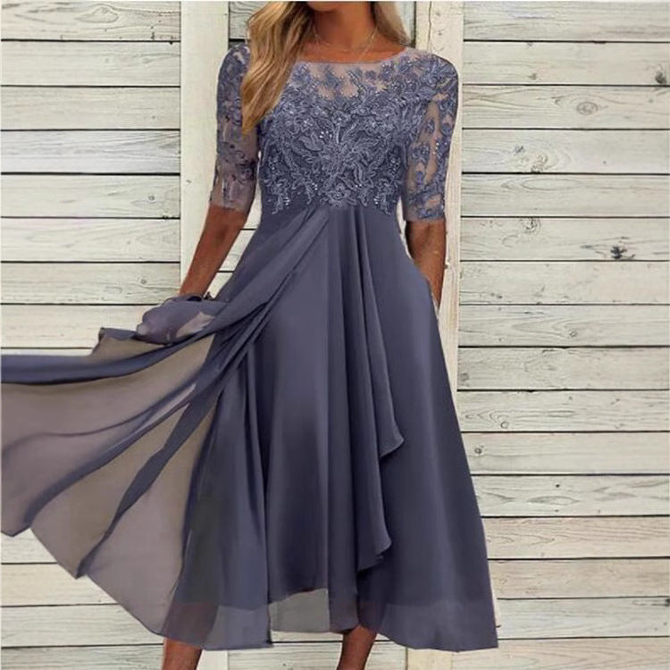 Women's Bridesmaid Dress Lace Mid Sleeve Chiffon Dresses
