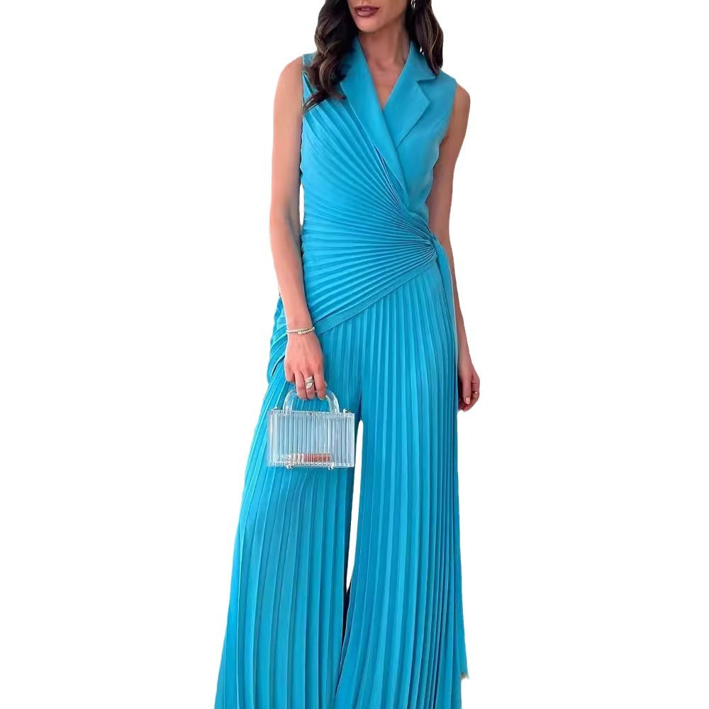 Women's Collar Pleated Solid Color Wide Leg Jumpsuits