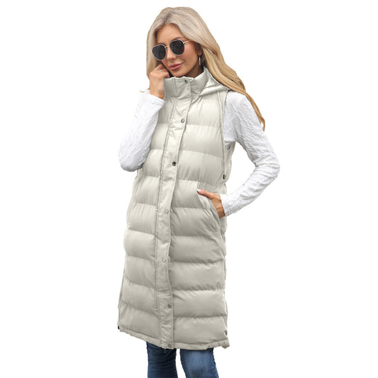 Women's Ladies Hooded Sleeveless Long Solid Color Vests