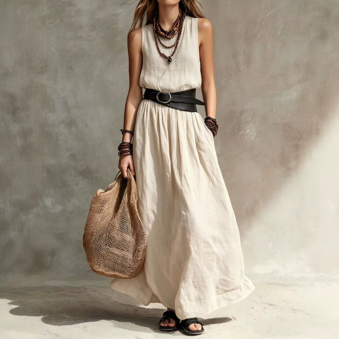 Women's French Style Temperament Lapel Sleeveless Summer Dress