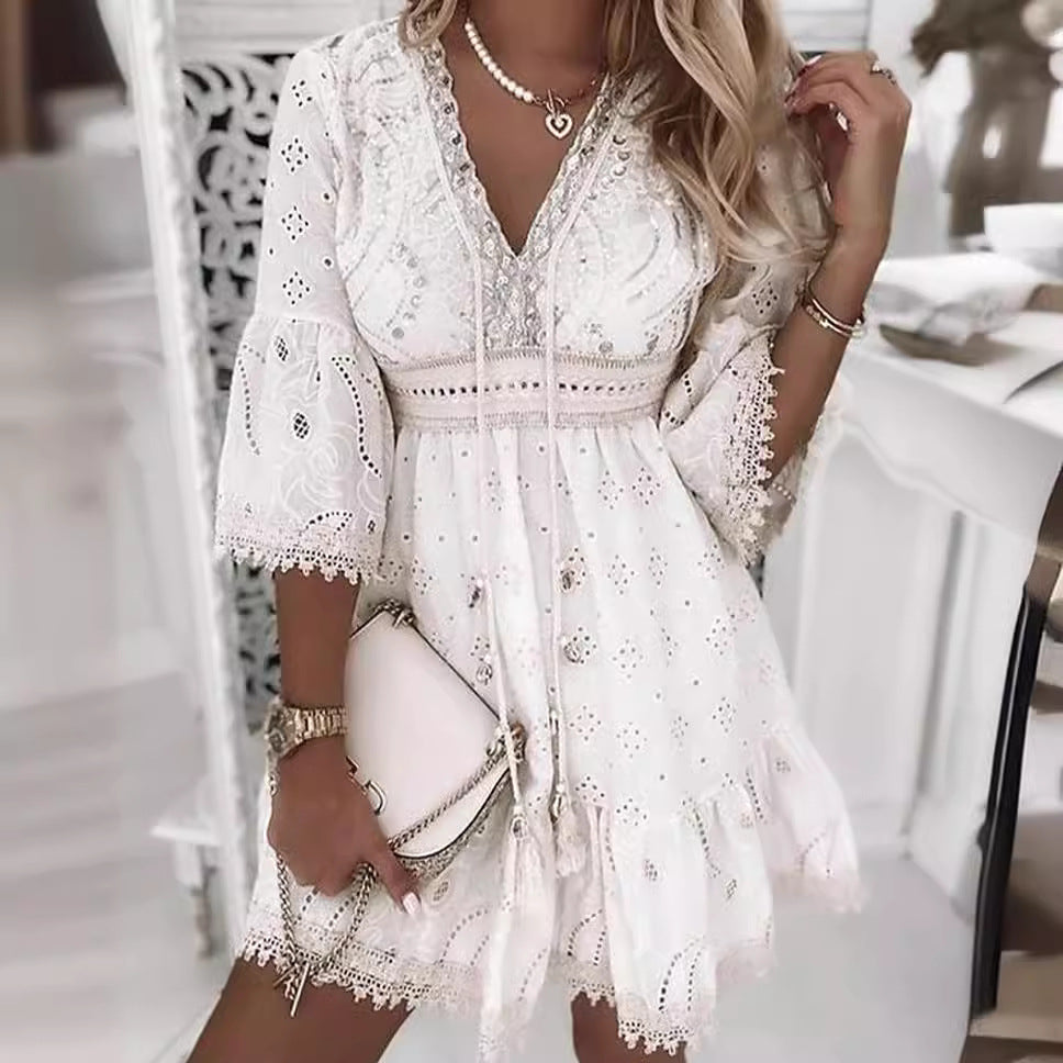 Women's White Hollow Tassel Embroidered Dress Dresses
