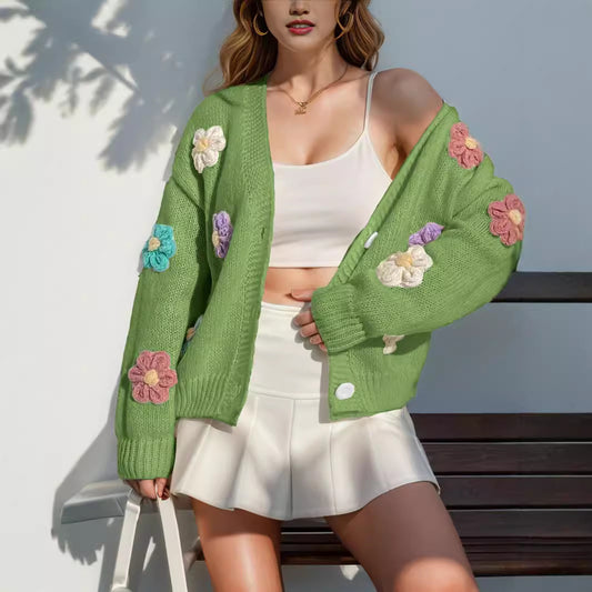 Women's Flowers Print Button Knitted Loose Long Sleeve Sweet Sweaters