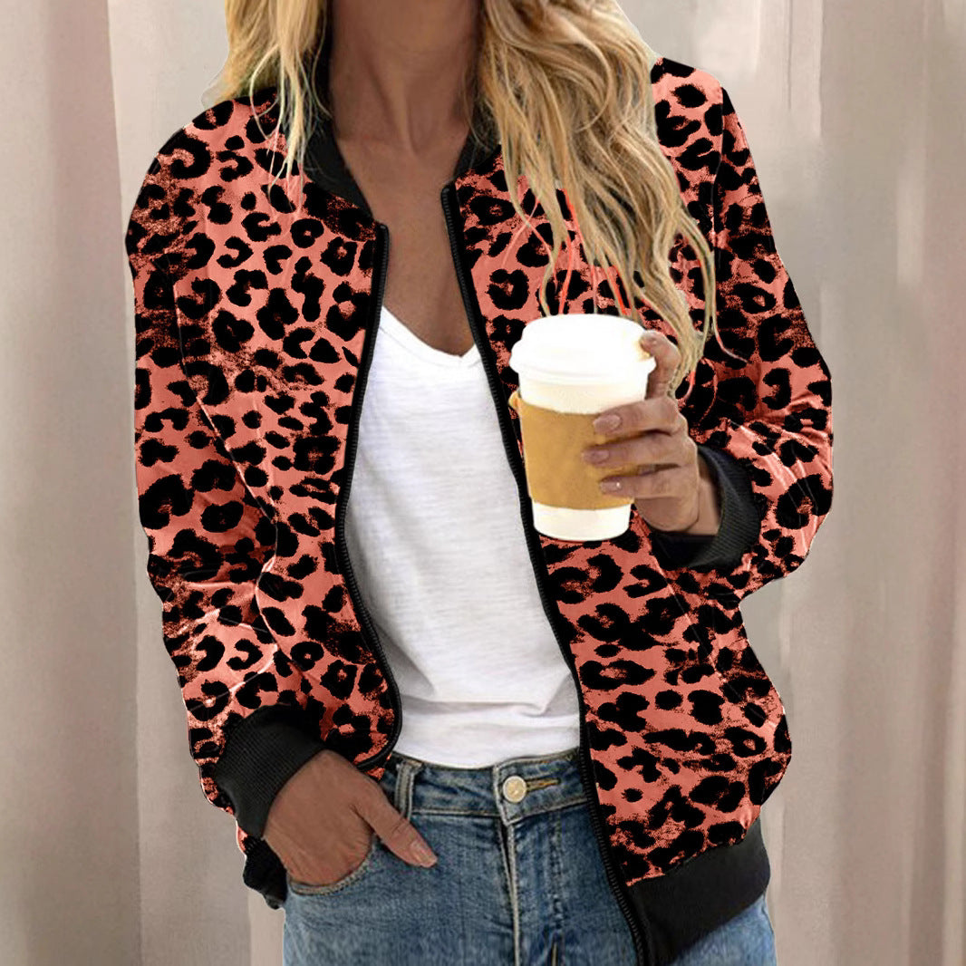 Autumn Leopard Print Stand Collar Zipper Women's Sweater, Sweater