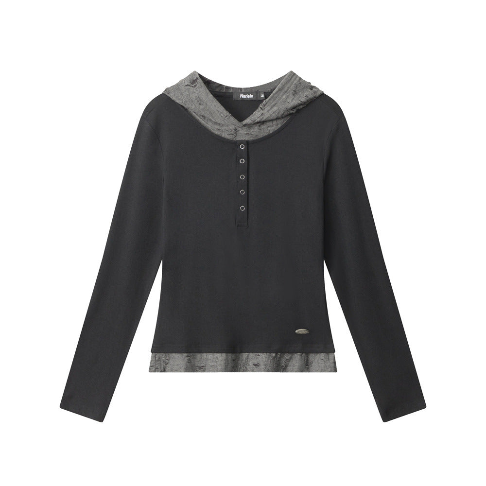 Two-piece Hooded Hole Slim Fit Long-sleeved Blouses