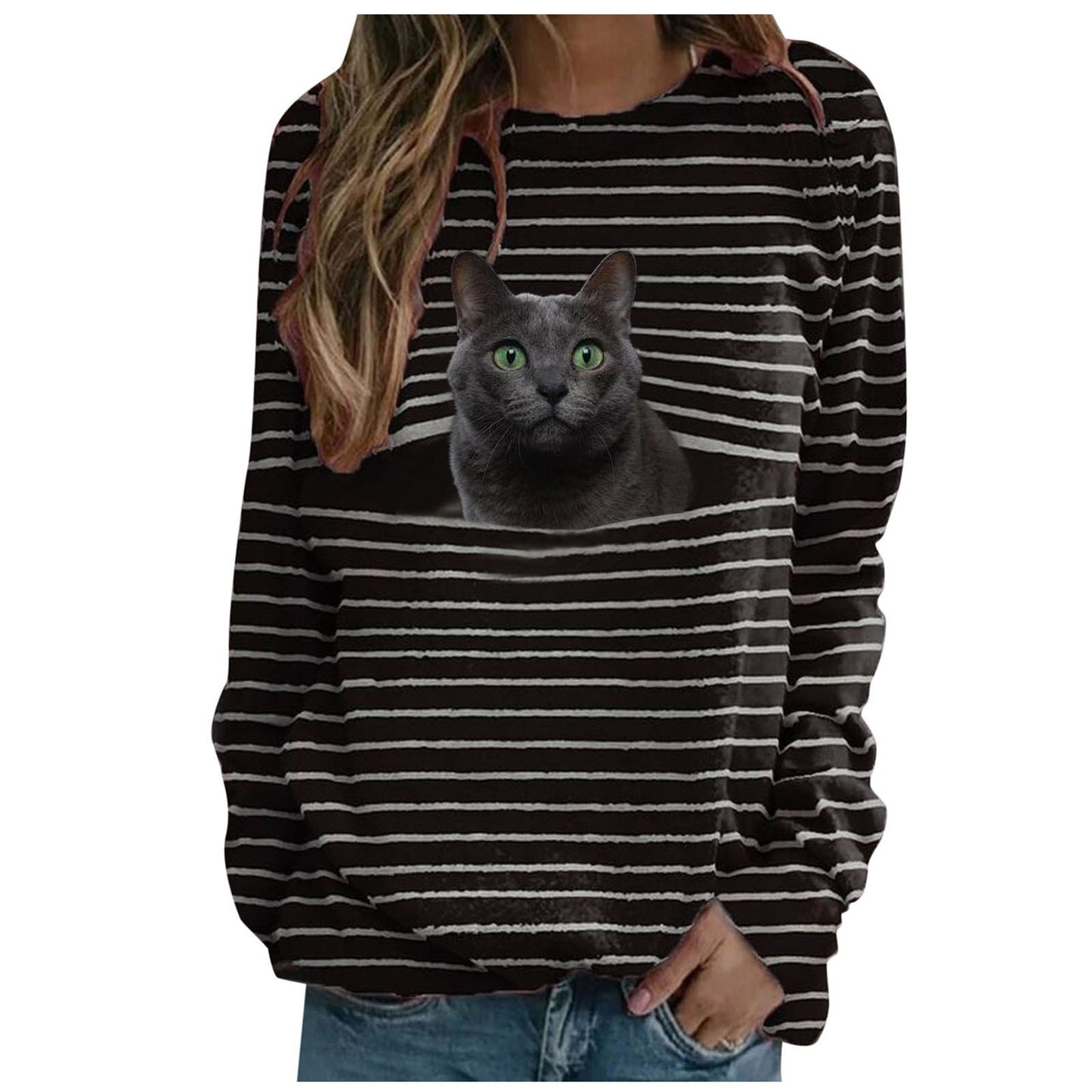 Women's Cat Printing Casual Long Sleeve Striped Women's T-shirt