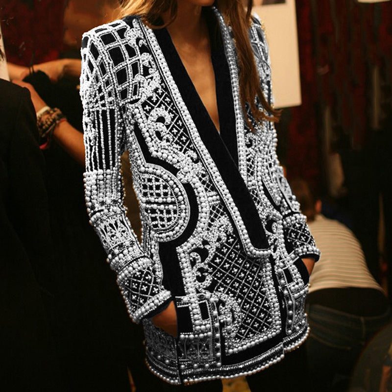 Women's French Style Small Fashion Bead Printed Long Sleeve Blazers