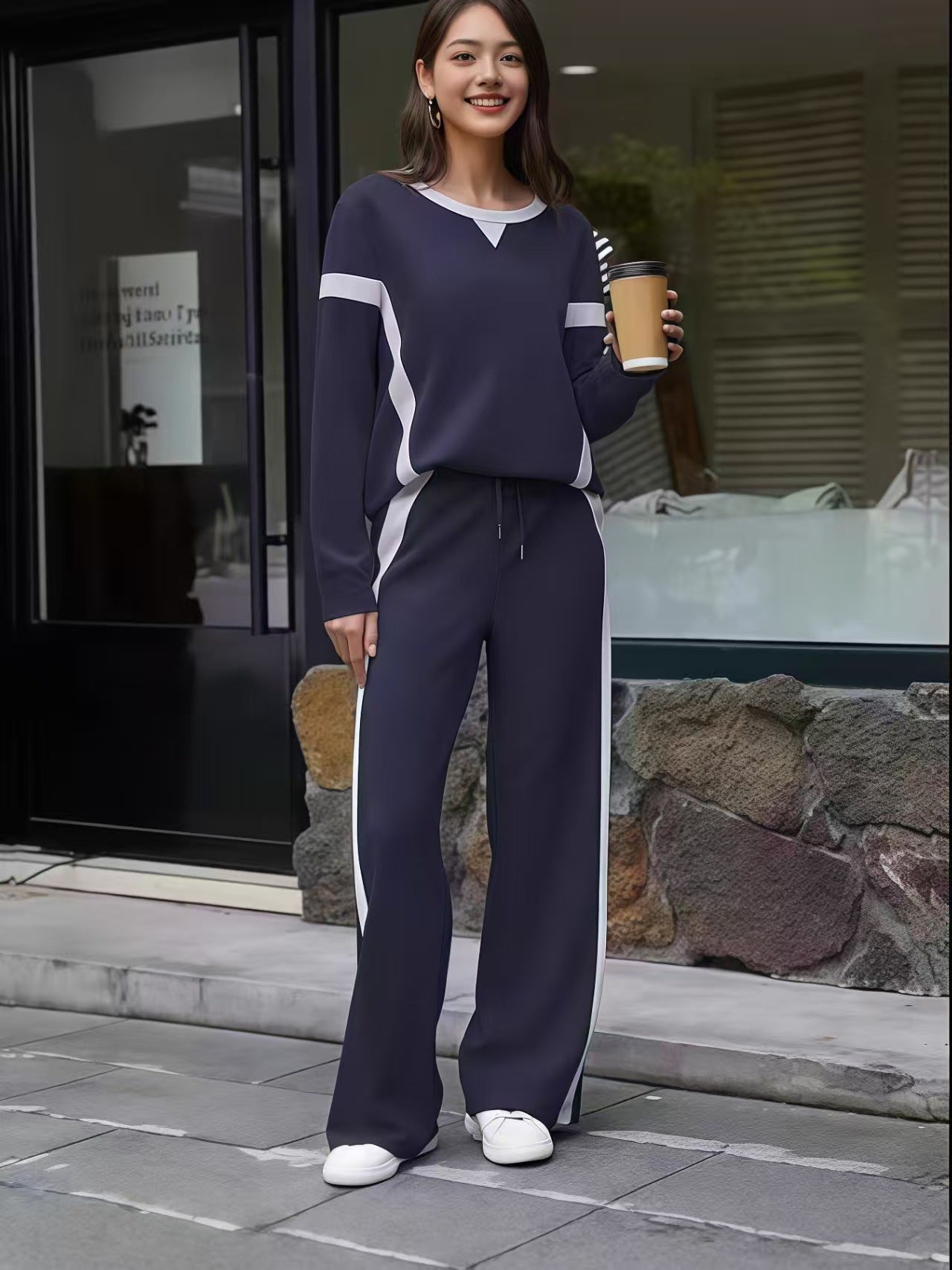 Women's Autumn Striped Color Matching Long Sleeve Fashion Casual Suit
