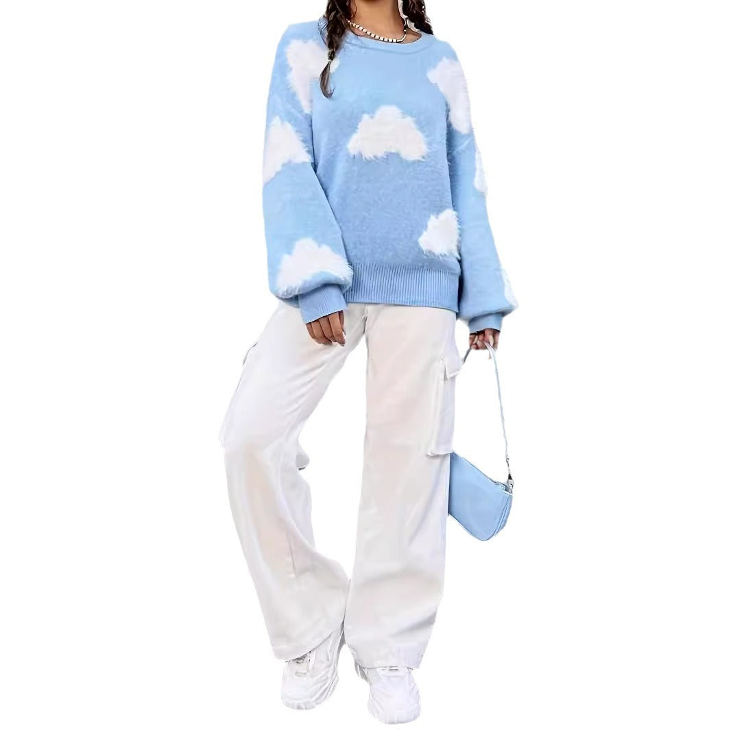 Gentle Pattern Round Neck Knitted Loose Sweaters