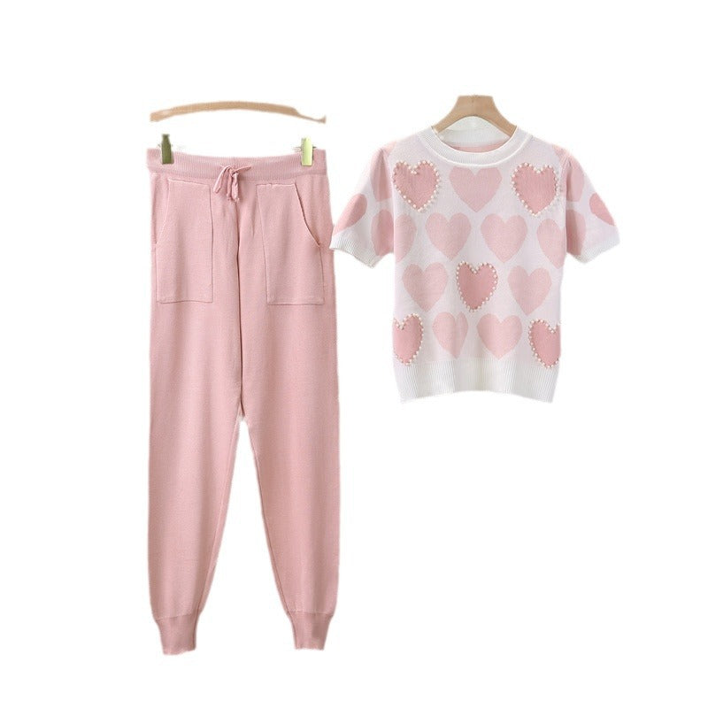 Women's Summer Sweet Knitting Sleeve Love Beaded Slim Fit Skinny Fashion Casual Suit