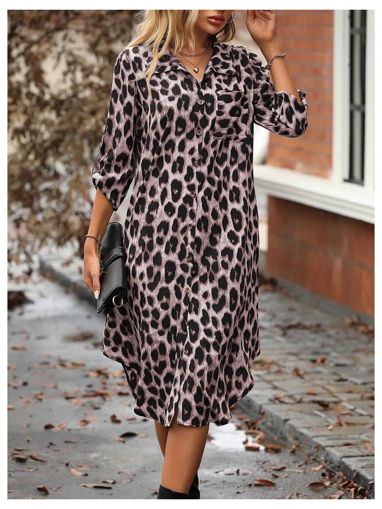 Women's Leopard Print Sleeve Shirt Woven Loose Fashion Ladies Slit Dress