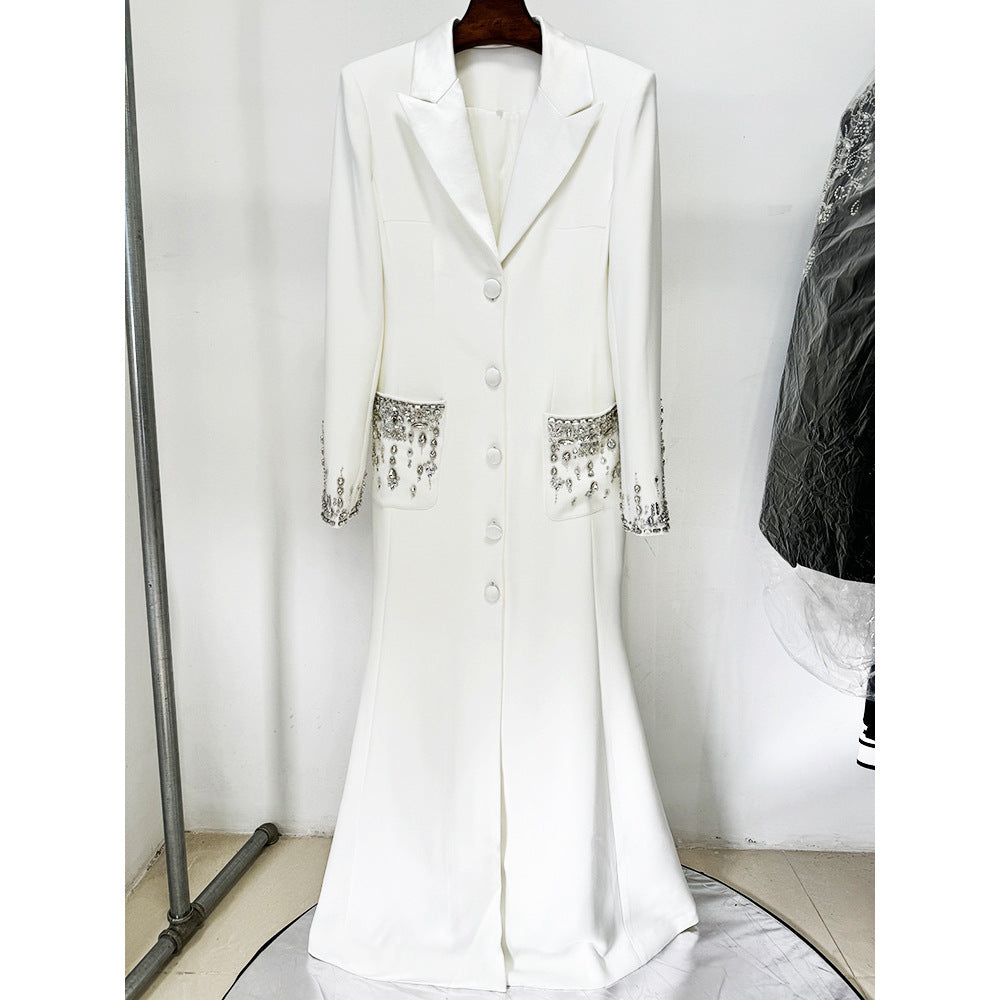 Fashion Bead Diamond Tailored Collar Fishtail Dress