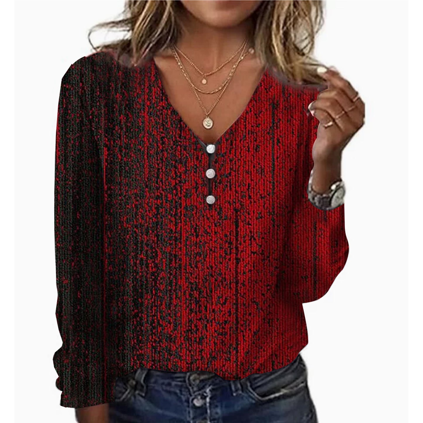 Starry Sky Pearl Button Long Sleeve Women's T-shirt