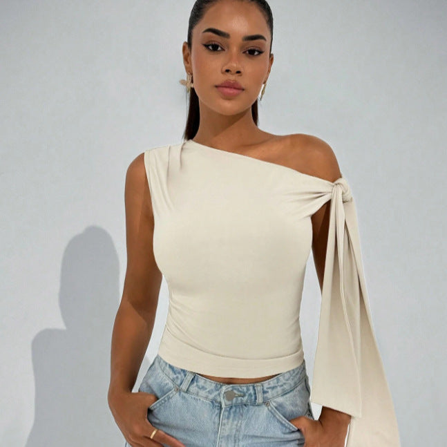 Women's Summer Fashion Street Shooting Ribbon Knot Oblique Tie Solid Color Women's T-shirt