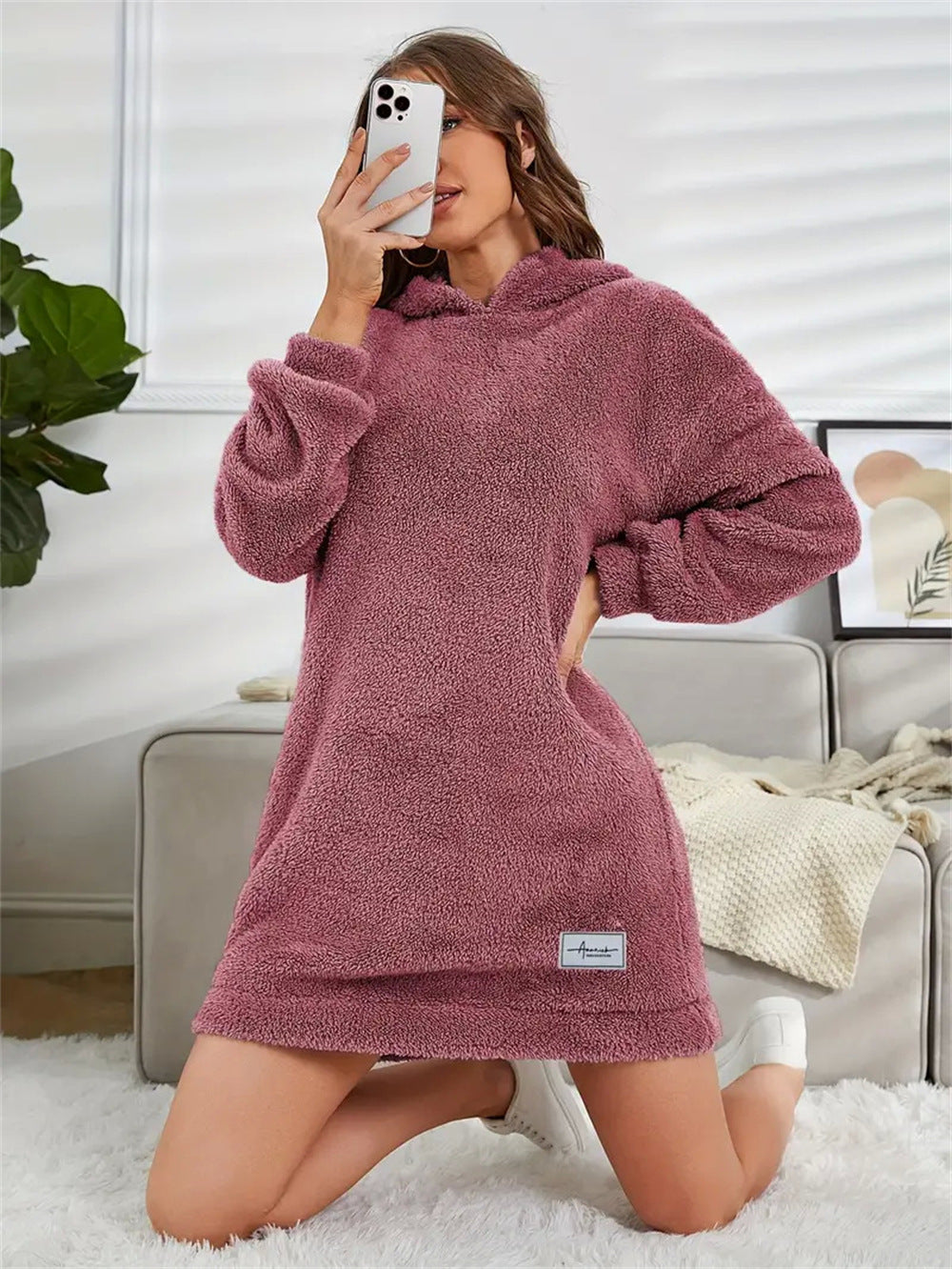 Women's Hooded Long-sleeved Plush Dress Loose Hoodie Women's Sweater, Sweater