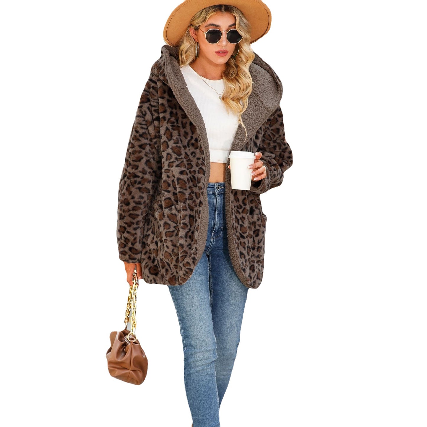 Women's Sleeve Loose Pockets Mid-length Fluffy Leopard Sweaters