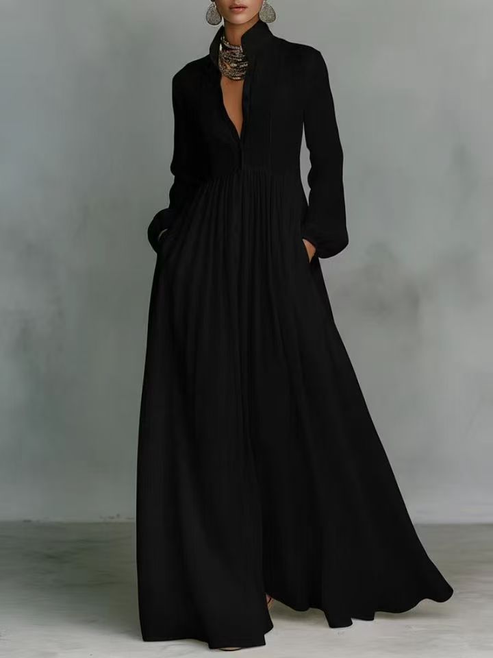 French Style Slimming Long Sleeve Pleated Elegant Retro Casual Dress