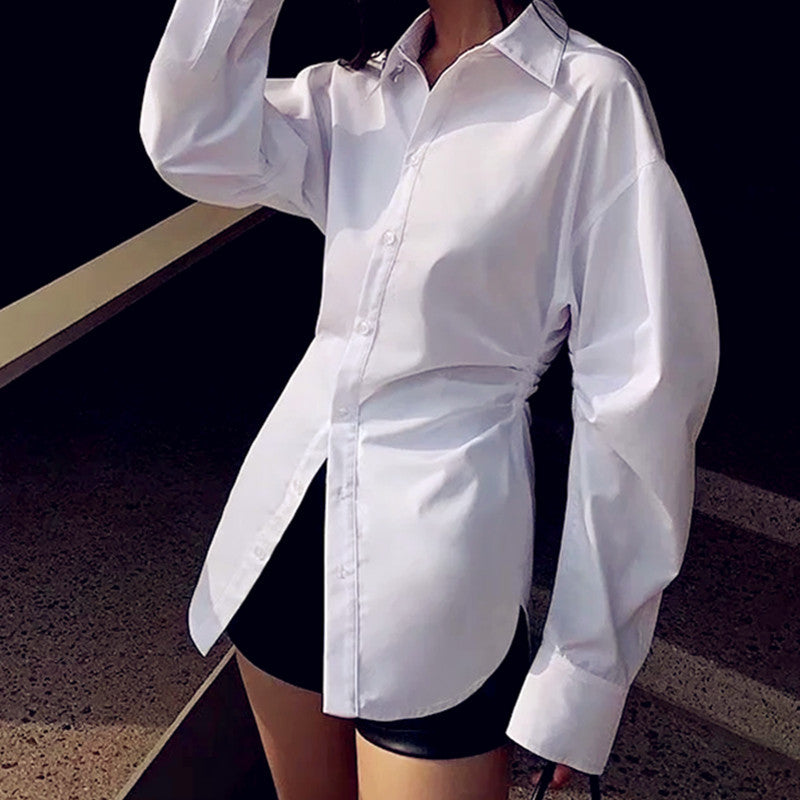 Women's Hot Double-sided Pleated Lapel Single Breasted Shirt Mid-length Blouses