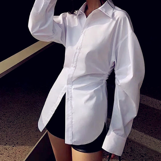 Women's Hot Double-sided Pleated Lapel Single Breasted Shirt Mid-length Blouses