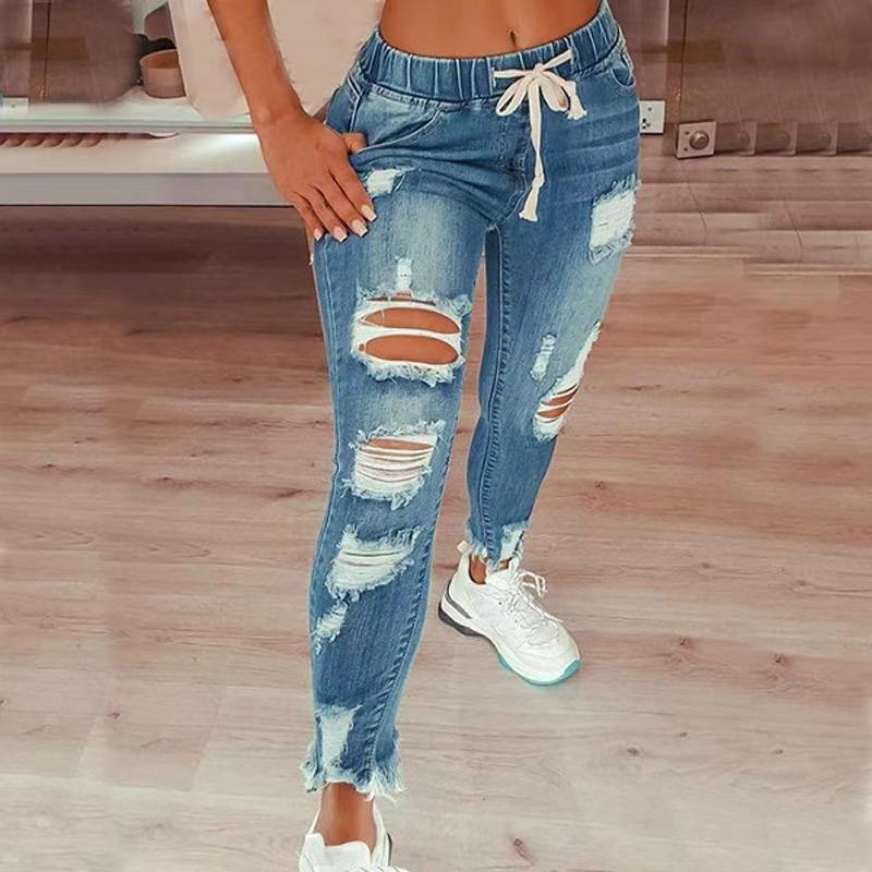 Women's High Waist Retro Preppy Style Ripped Elastic Drawstring Women's Jeans