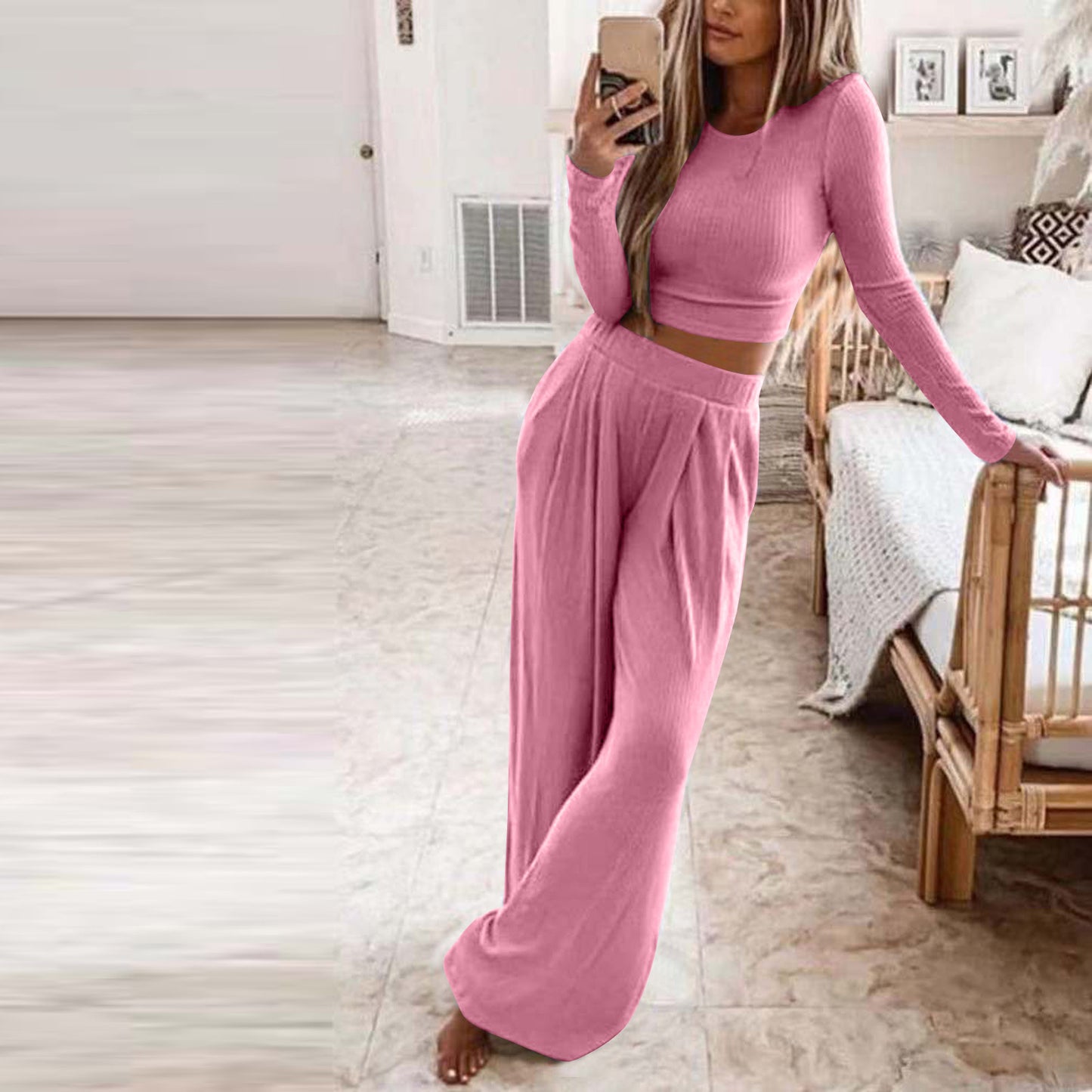 Women's Solid Color Knit Home Two-piece For Fashion Casual Suit