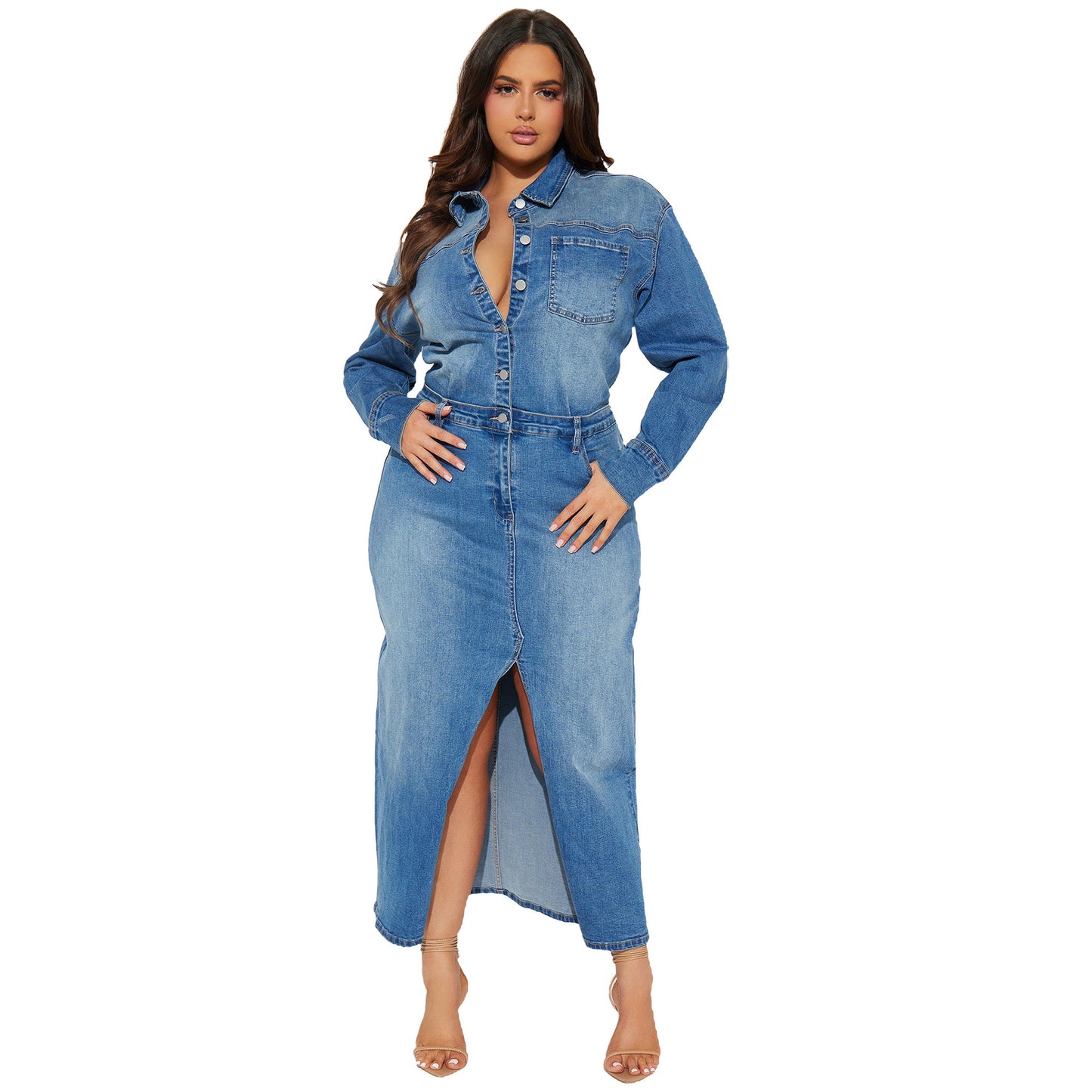 Women's Fashion Wear Long Sleeve Denim Trench Dresses