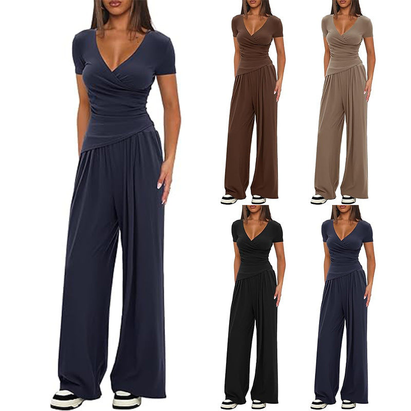 Solid Color Warp Knitted Short-sleeved Matching Fashion Casual Suit