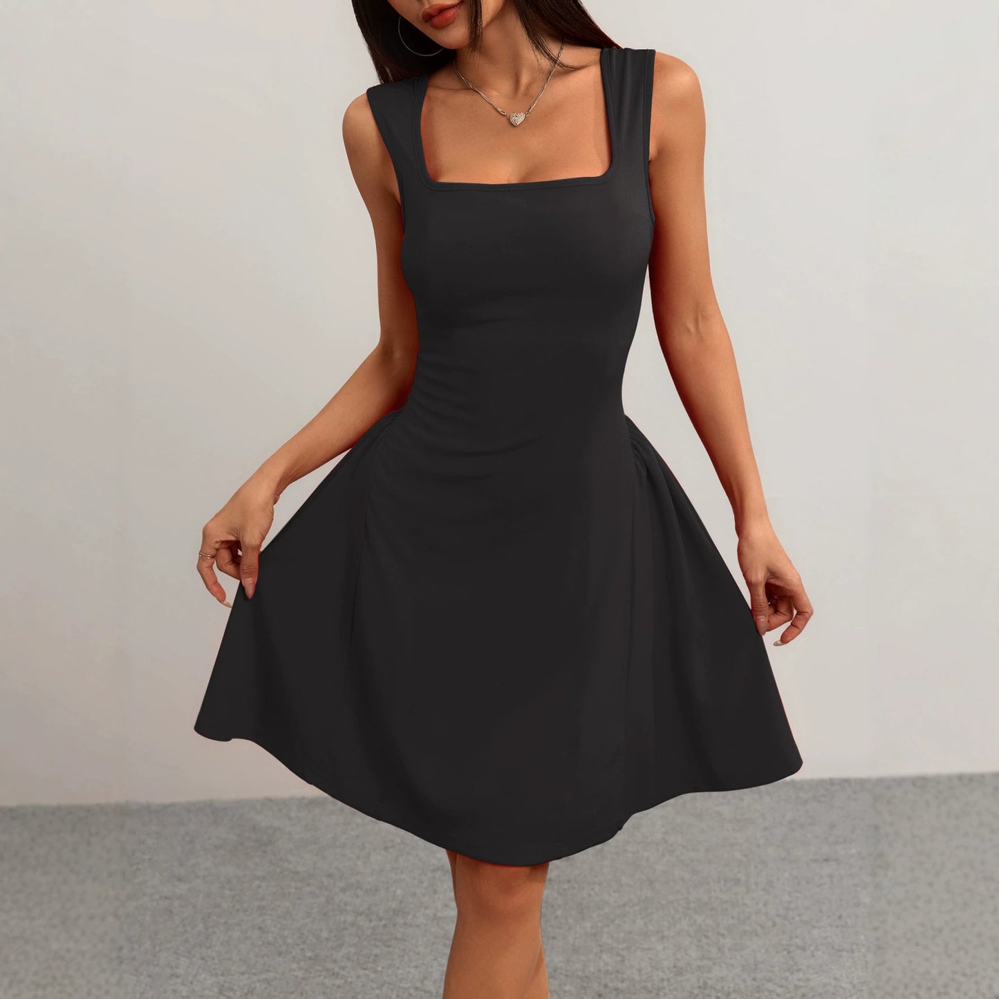 Women's Solid Color Square Collar Sleeveless Temperament Dress