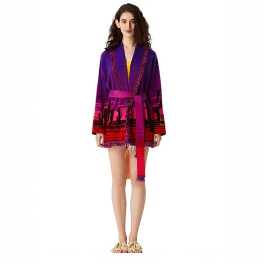 Retro Purple Brocade Wool Blended Tassel Sweaters