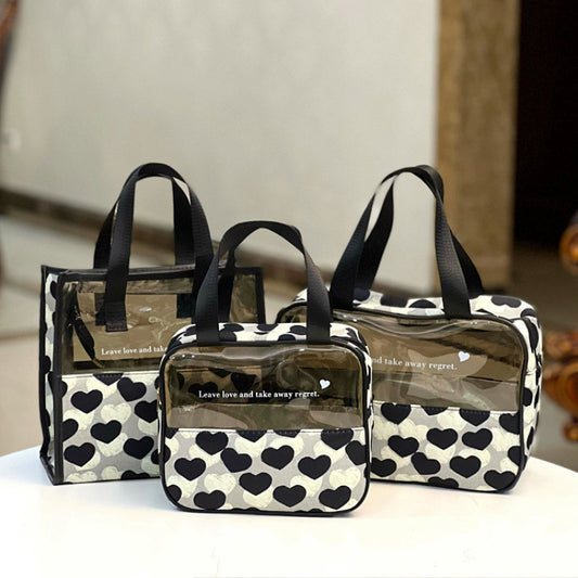 Zipper Translucent Love Peach Heart Flocking Large Capacity Portable Handbags