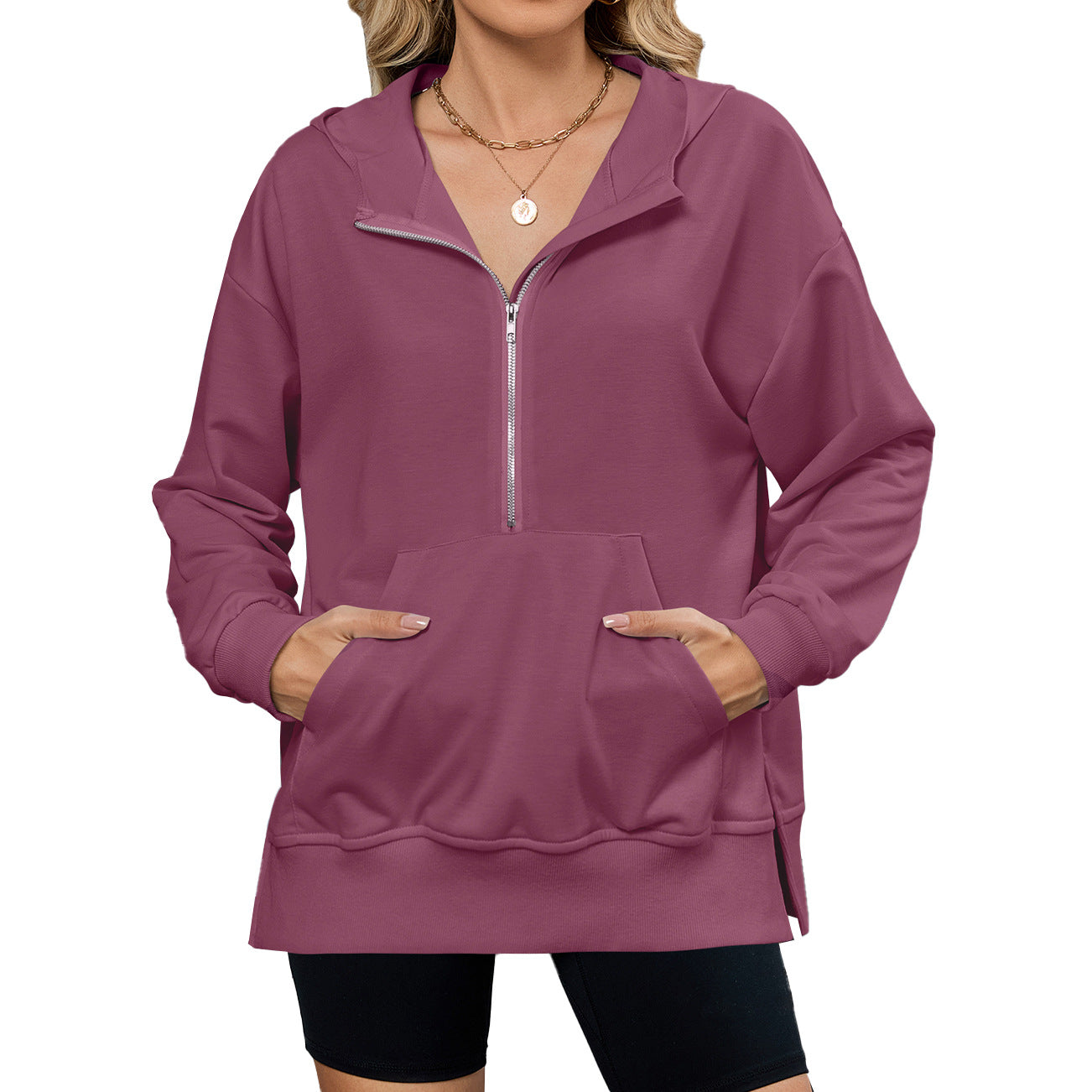 Women's Hooded Loose Long Sleeves Zipper Pocket Women's Sweater, Sweater
