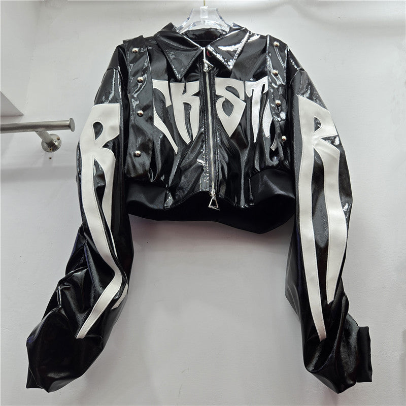 Women's Unique Patent Leather Letter Embroidery Hot Jackets