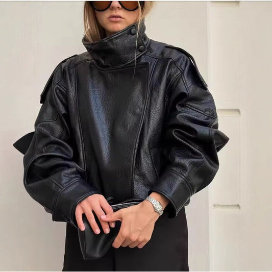 Women's Fashion Long Sleeve Stand Collar Leather Jackets