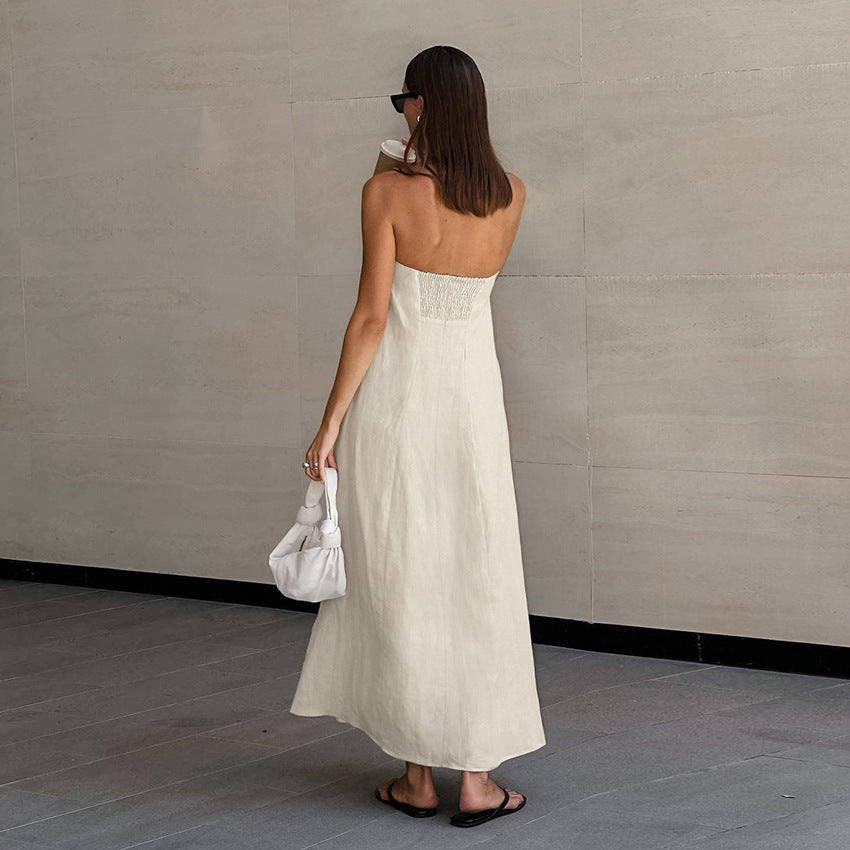 Women's Vacation Style French Dress Khaki Cotton Linen Tube Dresses