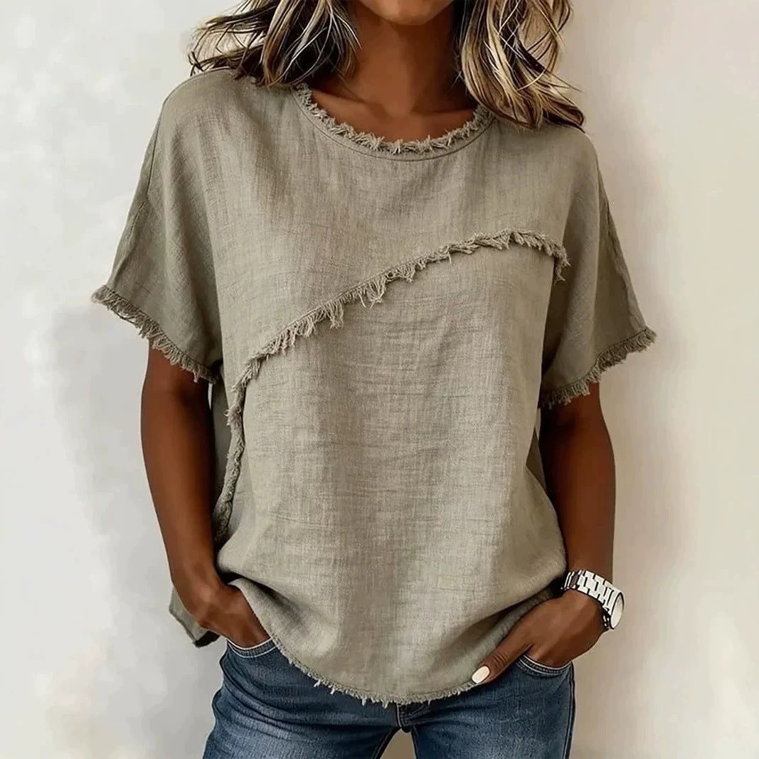 Women's Neck Casual Raw Edge Panel Loose Women's T-shirt