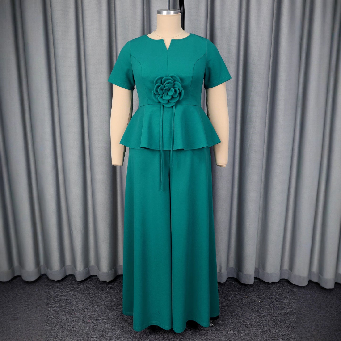 Women's Green Sleeve Ruffled Three-dimensional Flower Wide Suits