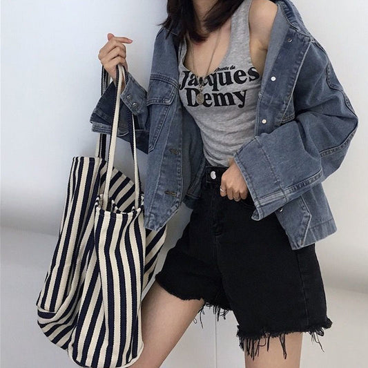 Women's Trendy Vintage Stripe Shopping Large Capacity Tote Bags