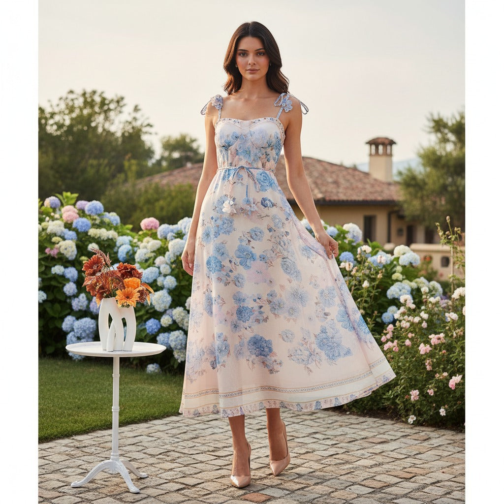 Women's Summer Floral Printed Suspenders Fishbone Fairy Dress Dresses