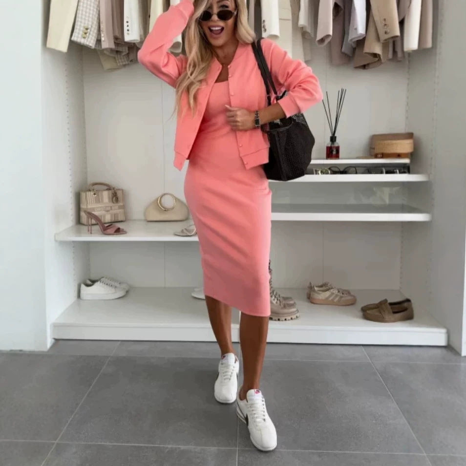 Summer Solid Color Suspender Dress Outerwear Long Two-piece Fashion Casual Suit