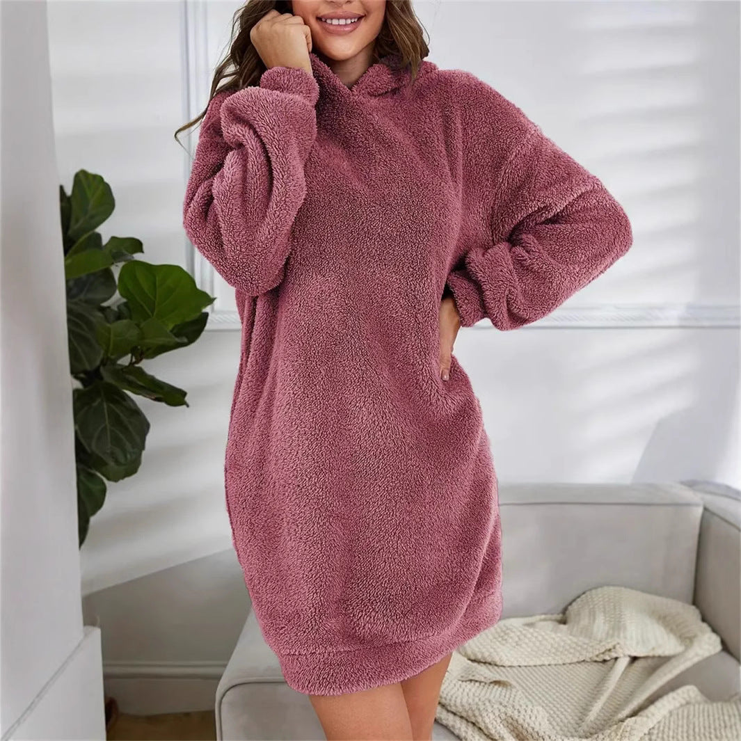 Women's Hooded Long-sleeved Plush Dress Loose Hoodie Women's Sweater, Sweater