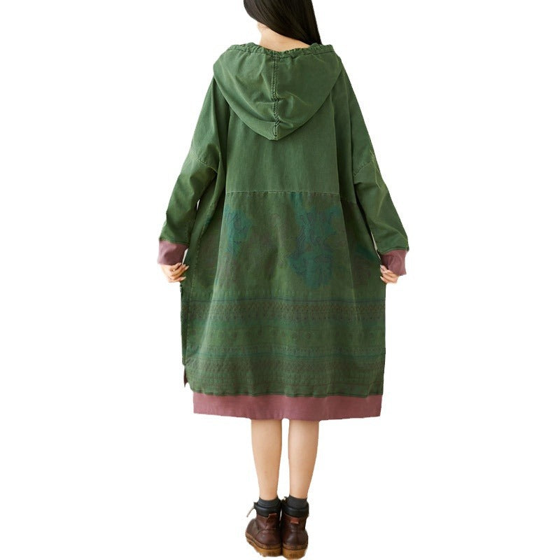 Hooded Dress Distressed Print Long Artistic Stitching Lang Sweaters