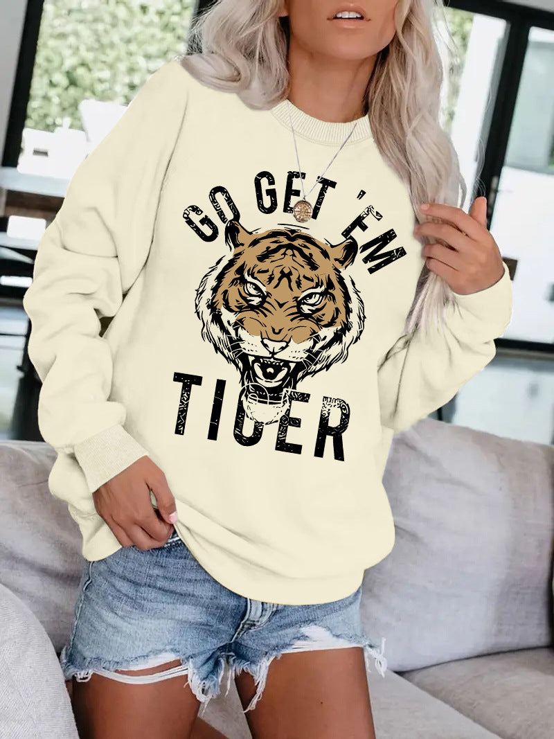 Women's Round Neck Tiger Head Portrait Printing Stylish Tops