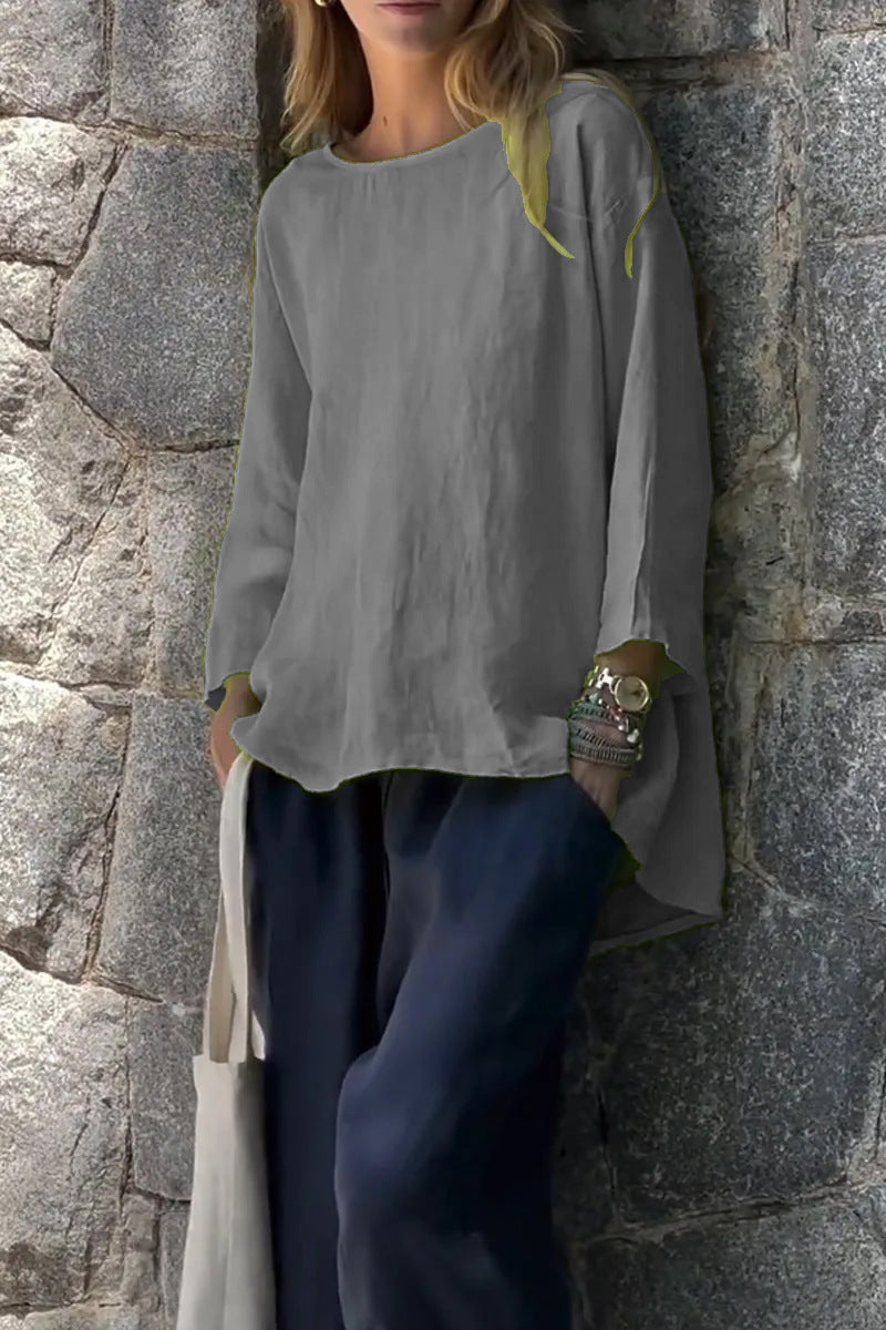 Women's Sleeve Round Neck Cotton Linen Loose Tops