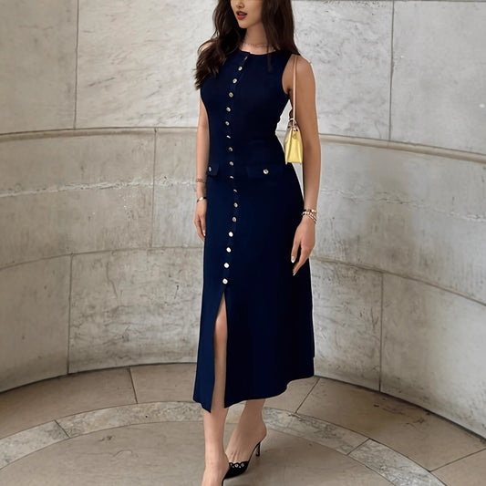 Women's Elegant Knitted Rib Round Neck Sleeveless Button Slim Dress