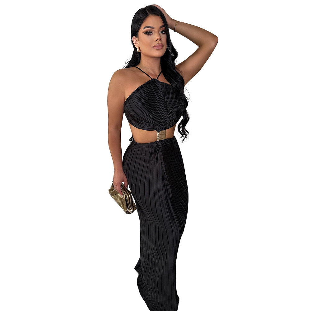 Women's Pleated Sexy Lacing Dress Back Slit Dresses