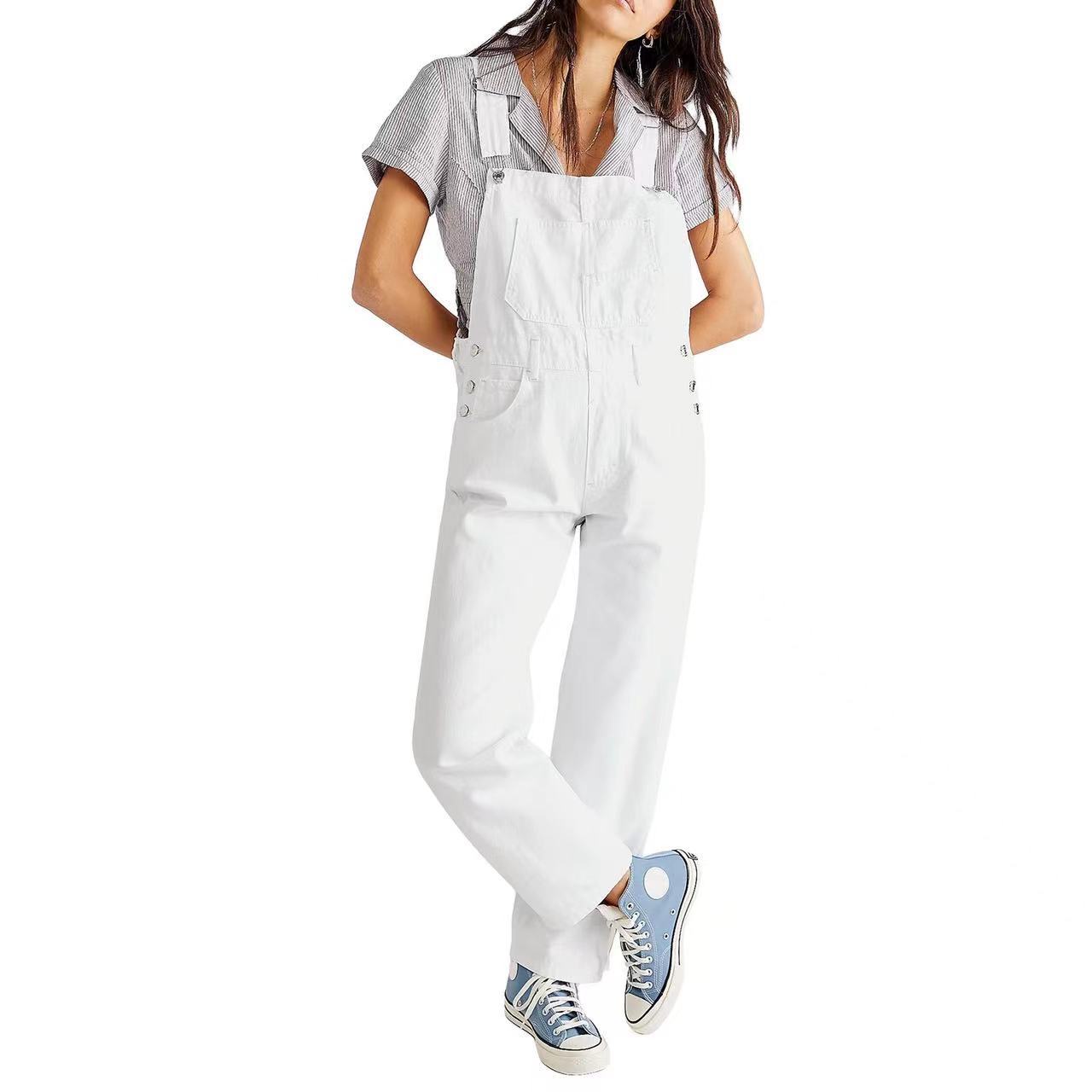 Women's Casual Loose Wash Pocket Strap Denim Jumpsuits